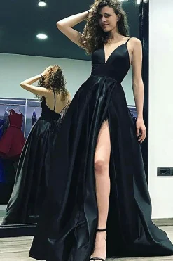 Black A Line Satin Prom Dress with Slit