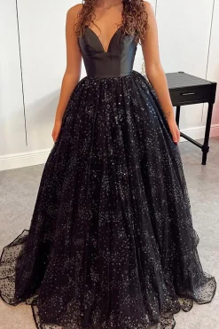 Black A Line Sparkly Princess Prom Dress with Lace-up Back