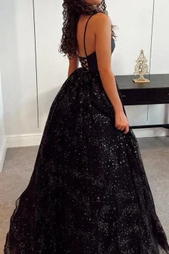 Black A Line Sparkly Princess Prom Dress with Lace-up Back
