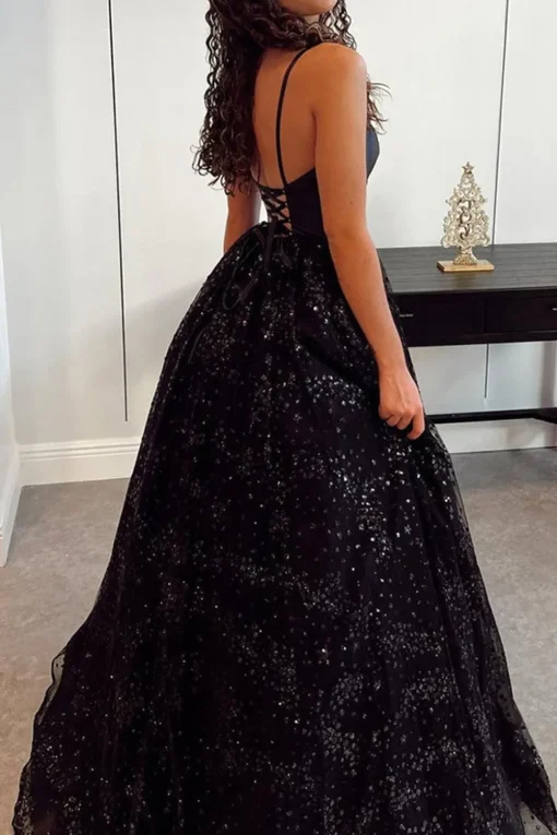 Black A Line Sparkly Princess Prom Dress with Lace-up Back