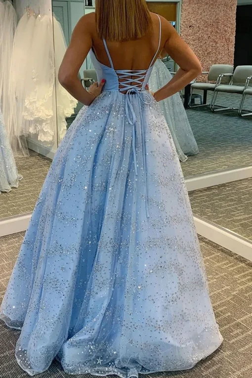 Black A Line Sparkly Princess Prom Dress with Lace-up Back