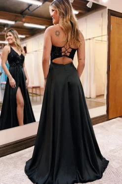 Black A-Line Sparkly Prom Dress with Pockets