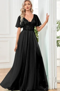 Black A-Line V Neck Long Prom Dress with Sequins