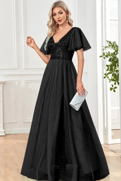 Black A-Line V Neck Long Prom Dress with Sequins