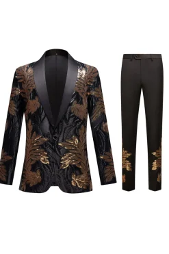 Black and Gold Jacquard Sequins Men's 2 Piece Prom Suits