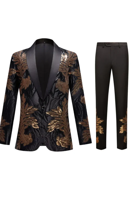 Black and Gold Jacquard Sequins Men's 2 Piece Prom Suits