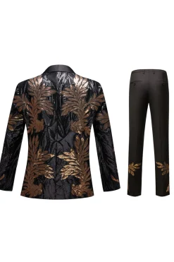 Black and Gold Jacquard Sequins Men's 2 Piece Prom Suits