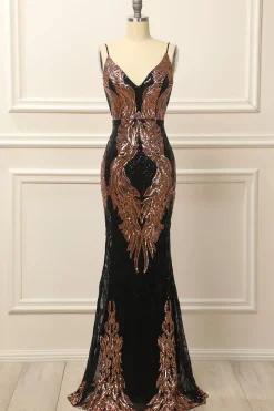 Black and Gold Sequins Long Prom Dress