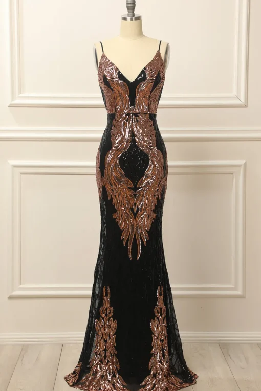 Black and Gold Sequins Long Prom Dress