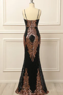 Black and Gold Sequins Long Prom Dress