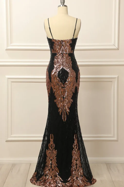 Black and Gold Sequins Long Prom Dress