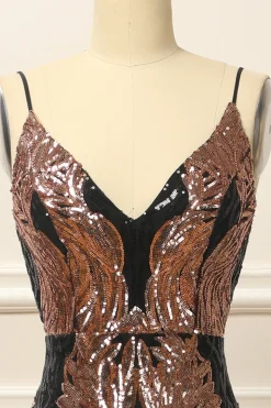 Black and Gold Sequins Long Prom Dress