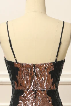 Black and Gold Sequins Long Prom Dress