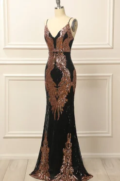 Black and Gold Sequins Long Prom Dress