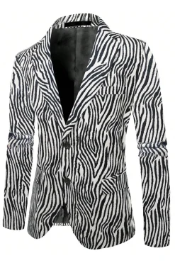 Black and White Printed Notched Lapel Men's Blazer