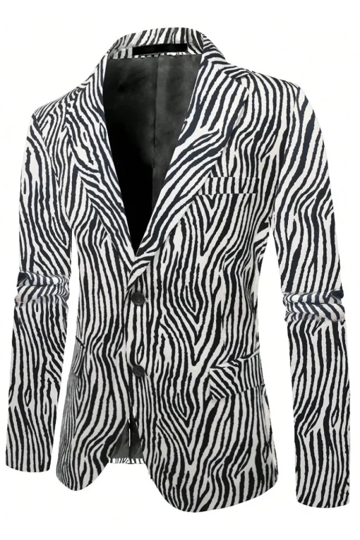 Black and White Printed Notched Lapel Men's Blazer