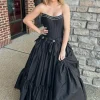 Black Corset A Line Pleated Bow Knot Strapless Prom Dress