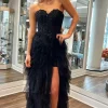 Black Corset Sweetheart A Line Tulle Tiered Long Prom Dress with Appliques
