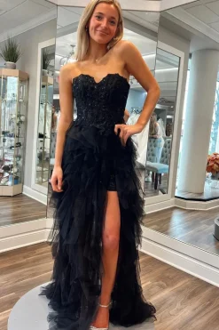 Black Corset Sweetheart A Line Tulle Tiered Long Prom Dress with Appliques