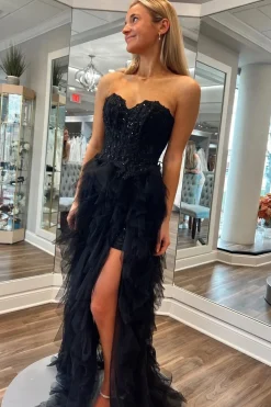 Black Corset Sweetheart A Line Tulle Tiered Long Prom Dress with Appliques