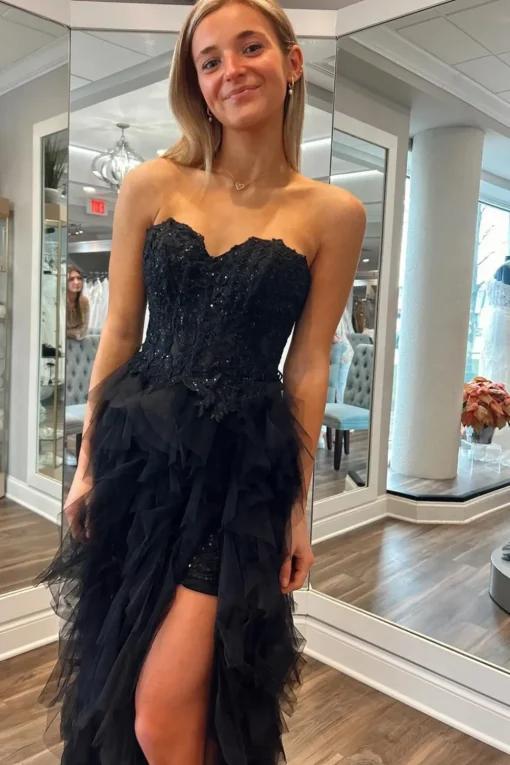 Black Corset Sweetheart A Line Tulle Tiered Long Prom Dress with Appliques