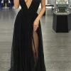 Black Deep V-neck Tulle Prom Dress