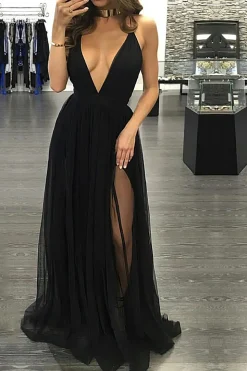 Black Deep V-neck Tulle Prom Dress