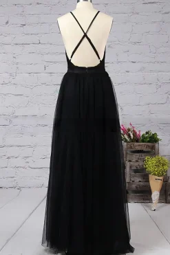 Black Deep V-neck Tulle Prom Dress