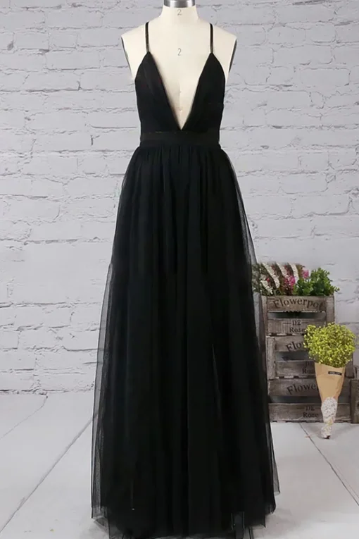 Black Deep V-neck Tulle Prom Dress
