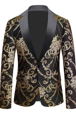 Black Golden Notched Lapel Jacquard Men's Blazer