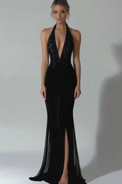 Black Halter Mermaid Formal Dress with Slit
