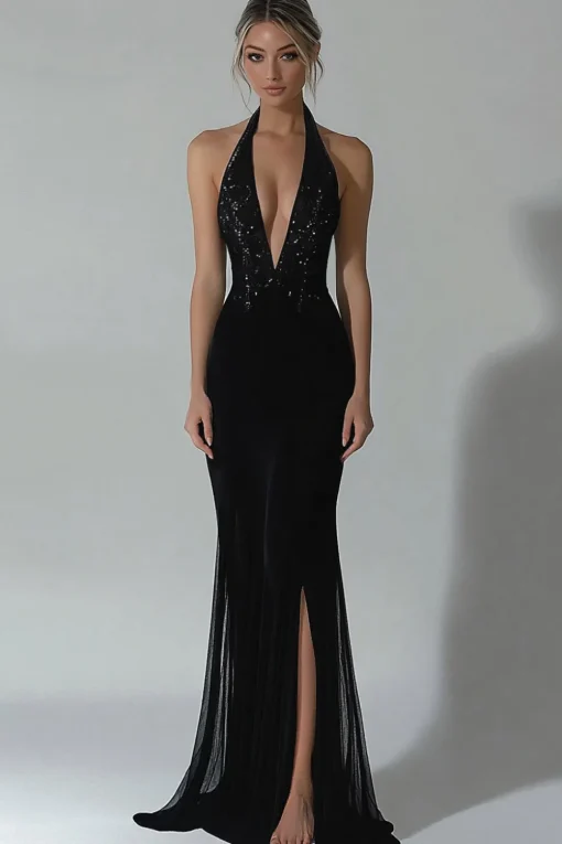 Black Halter Mermaid Formal Dress with Slit