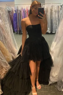 Black High Low Prom Dress with Ruffles