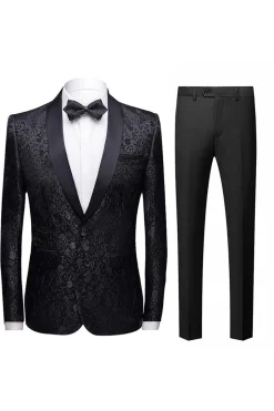 Black Jacquard Shawl Lapel Men's 2 Pieces Suits
