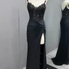 Black Lace Appliques Ruched Mermaid Spaghetti Straps Prom Dress with Slit