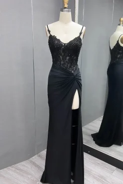 Black Lace Appliques Ruched Mermaid Spaghetti Straps Prom Dress with Slit