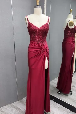 Black Lace Appliques Ruched Mermaid Spaghetti Straps Prom Dress with Slit