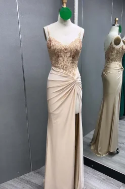 Black Lace Appliques Ruched Mermaid Spaghetti Straps Prom Dress with Slit