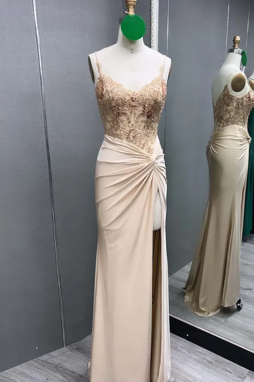Black Lace Appliques Ruched Mermaid Spaghetti Straps Prom Dress with Slit