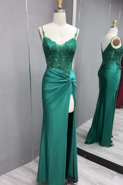 Black Lace Appliques Ruched Mermaid Spaghetti Straps Prom Dress with Slit