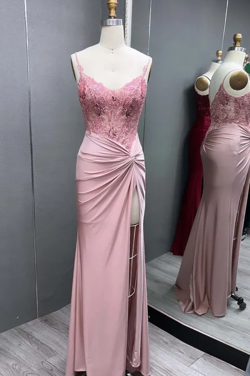 Black Lace Appliques Ruched Mermaid Spaghetti Straps Prom Dress with Slit