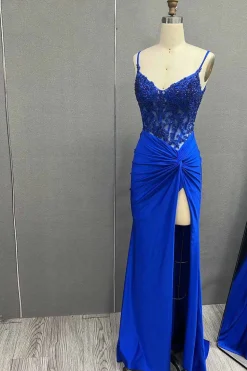 Black Lace Appliques Ruched Mermaid Spaghetti Straps Prom Dress with Slit