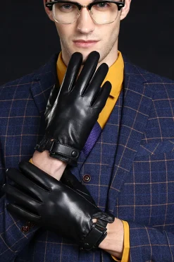 Black Leather Buckled Winter Gloves For Men