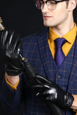 Black Leather Buckled Winter Gloves For Men