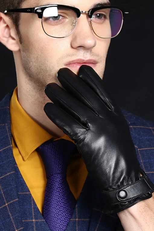 Black Leather Buckled Winter Gloves For Men