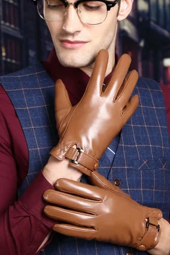 Black Leather Buckled Winter Gloves For Men