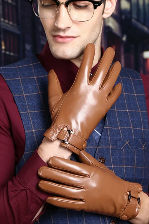 Black Leather Buckled Winter Gloves For Men