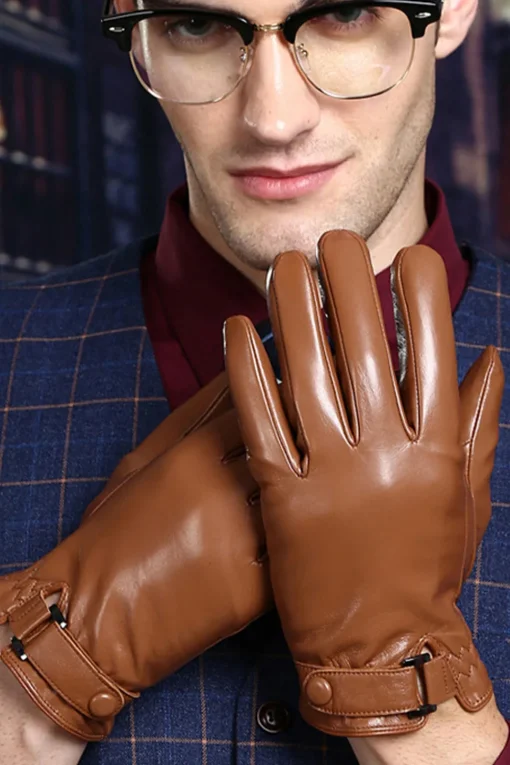 Black Leather Buckled Winter Gloves For Men