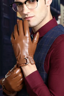 Black Leather Buckled Winter Gloves For Men