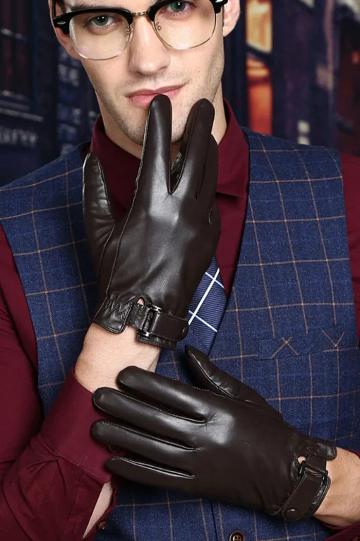 Black Leather Buckled Winter Gloves For Men